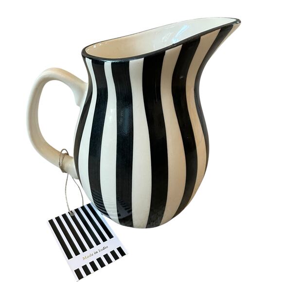 Hand Painted Striped Ceramic Pitcher 8in Made in India Black & Cream NEW - Picture 11 of 15